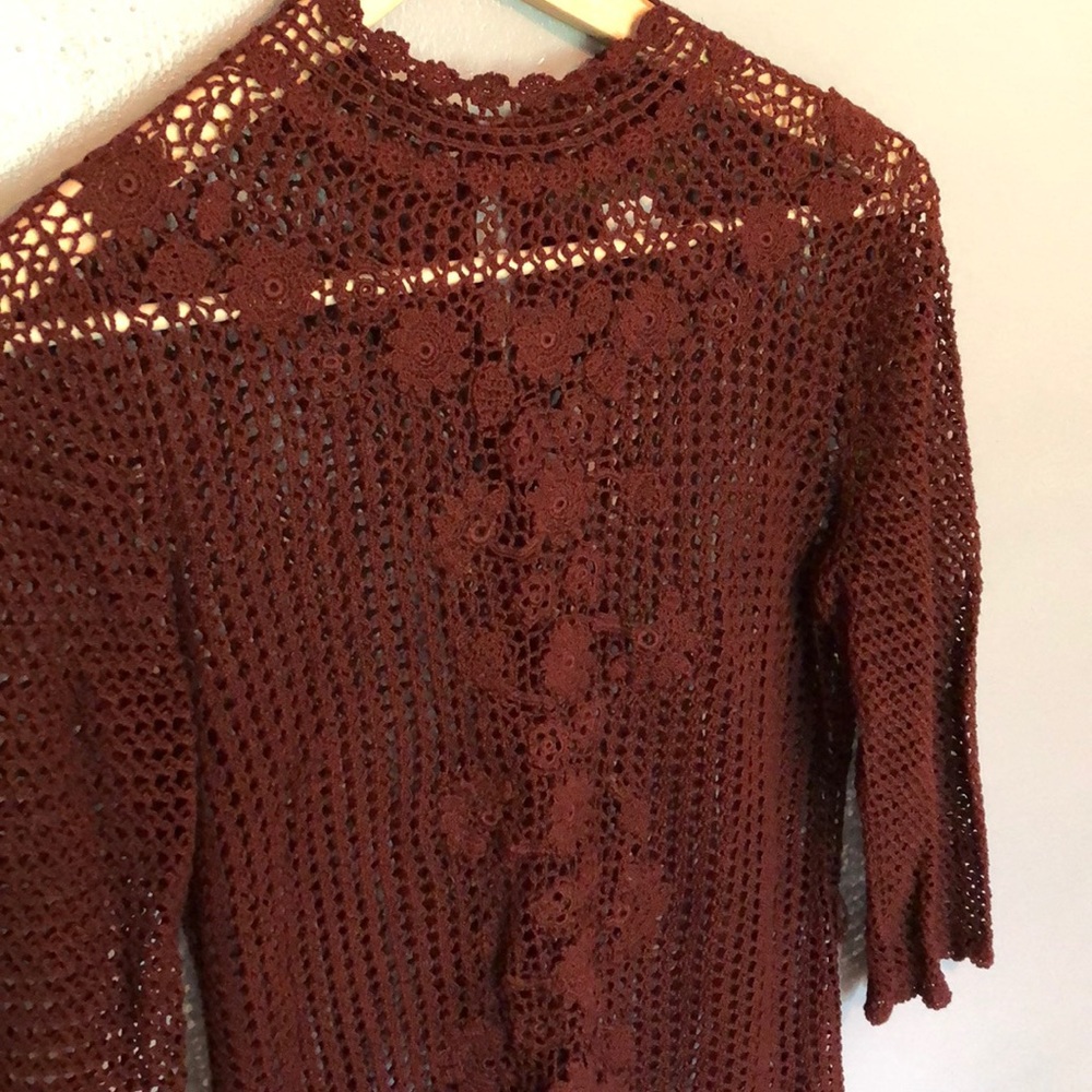 Crochet Openwork Women's Sweater Cardigan - Rust - Picture 2 of 6